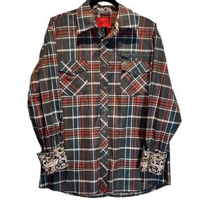 Patroncito USA Plaid Western Shirt Mens L Brown Orange Paisley Lining Zip Pocket